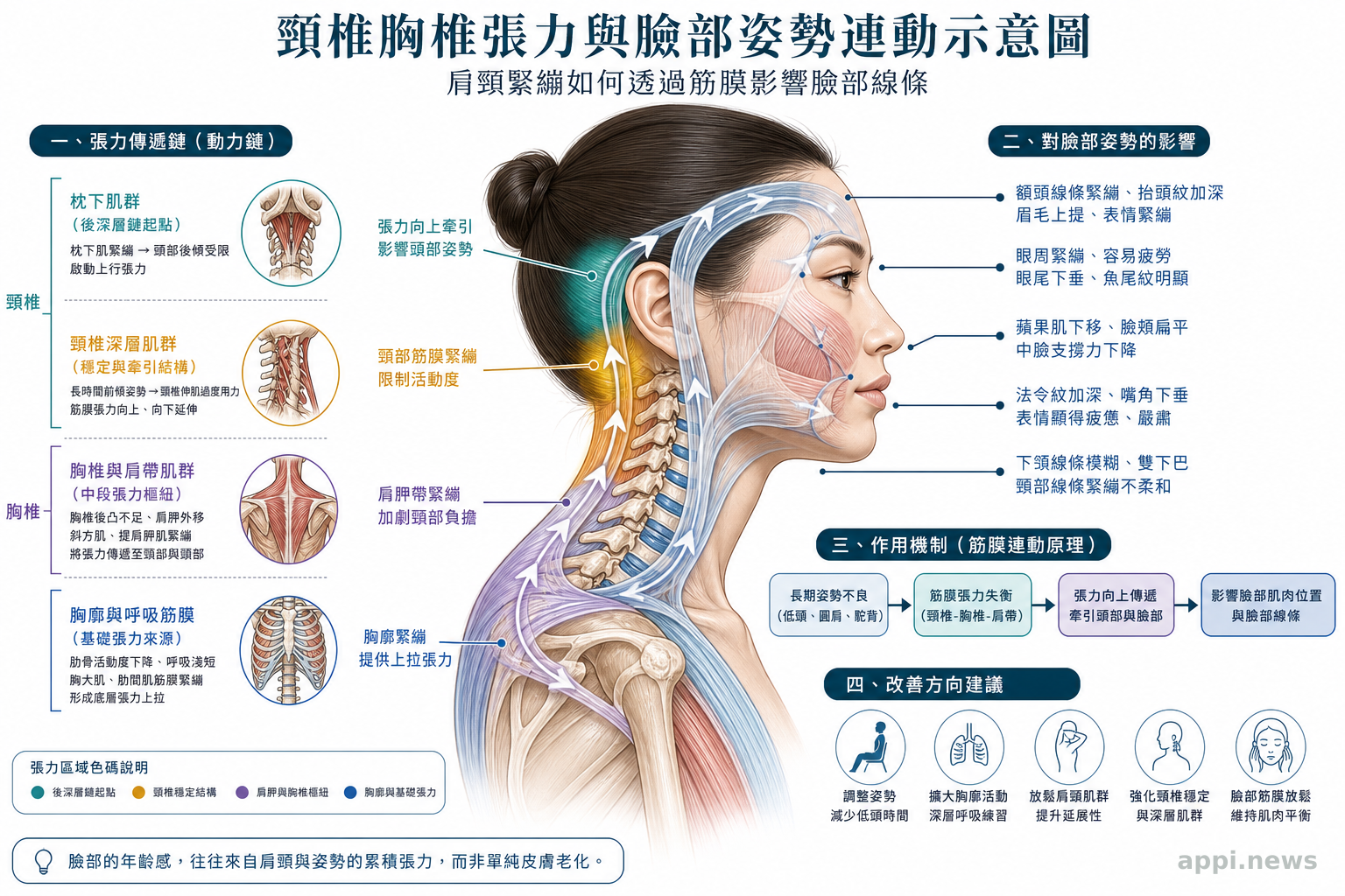 頸椎胸椎張力與臉部姿勢連動示意圖，說明肩頸緊繃如何透過筋膜影響臉部線條