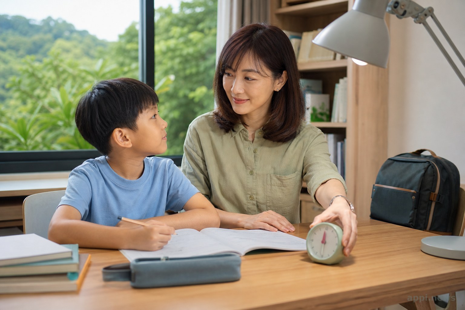 家長陪孩子在書桌前準備開學護眼計畫
