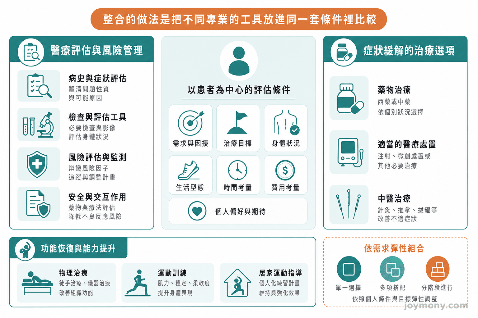以患者為中心的評估架構，周圍並列醫療風險處理、症狀控制與功能恢復三類治療工具。